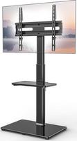 TV stovas TV grindų stovas 32-65 colių televizoriams, sveriantiems iki 35 kg, TV stovas su 2 pakopų lentynomis, reguliuojamas TV stovo aukštis, pasukamas pakreipimas, maks. VESA 400 x 400 mm (juoda)