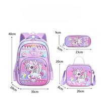 3 PCS Children School Bags for Girls Cartoon Unicorn Princess Backpacks Primary School Grade 1 Students Waterproof Bookbag violetinė