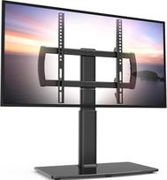 HT04B-001P Universalus pasukamas TV stovas / stalo pagrindas TV stovas nuo 27 iki 60 colių televizorių 80 laipsnių pasukamas 4 lygiais Reguliuojamas aukštis Sunkus grūdinto stiklo pagrindas Išlaiko iki 45 kg sveriančius ekranus