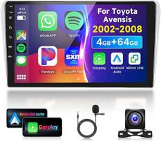4G ir 64G 9 colių automobilinis radijas "Toyota Avensis" 2002-2008 m. su "Carplay" "Android" belaidžiu ryšiu, 1280 x 720, "Android 13", jutiklinis ekranas, "Bluetooth", RDS/FM radijas, "WiFi" navigacija/AHD atbulinės eigos kamera