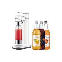 Sage the InFizz™ Fusion gazuotų gėrimų gaminimo aparatas - baltas + sirupų rinkinys (Pineapple x Mango&Passionfruit x Peach)