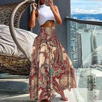 Moterų laisvalaikio palaidas Boho elastingas juosmuo A-Line Beach Flowy Swing Atostogų gėlėmis margintas Maxi sijonas XXL tamsiai mėlyna spalva