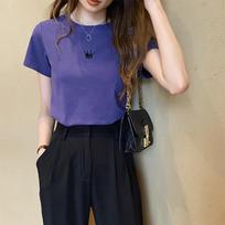 Summer 2025 Slim Fit Embroidered Crew Neck Women's T-shirt - Short Sleeve Student Ladies Base Top XL violetinė