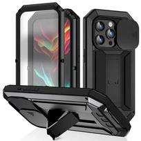 Tvirtas „Armor“ aliuminio metalinis dėklas, skirtas „iPhone 16 15 14 Plus 13 Pro Max Heavy“ atsparus smūgiams, nesubraižantis ekrano objektyvo apsauga For iPhone 13&Case & Holder juoda