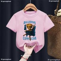 Ballerina Cappuccina T-Shirt Girls Funny Italian Brainrot Kids T-Shirts Summer Fashion Girls Clothes White/Blue/Black/Pink Shirt 110