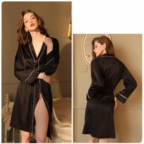 Moterisks satininis chalatas V formos iškirpte Kimono vonios chalatas Loungewear Dirbtinio šilko naktiniai namams ir SPA S juoda