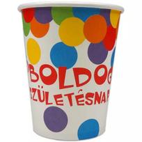 „Su gimtadieniu” užrašyti 6 vnt. popieriniai puodeliai - 250 ml, su konfeti raštais