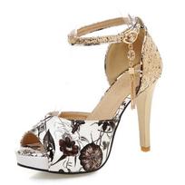 Female Sexy Sandals Peep Toe Stiletto 11cm Platform 2.5cm Buckle Strap Flower Shiny Metal Deocr 46 47 48 Mixed Color 35 juoda