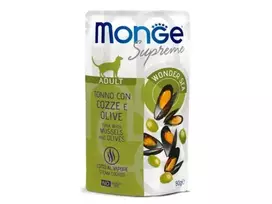 Monge SUPREME – šlapias maistas katėms su tunu, midijomis ir alyvuogėmis, 12x80g.