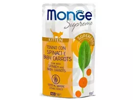 Monge SUPREME – šlapias maistas kačiukams su tunu su špinatais ir morkomis, 12x80g