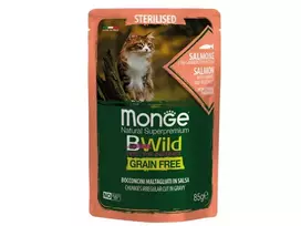 Monge BWild konservai sterilizuotoms katėms su lašiša, krevetėmis ir daržovėmis 12x85g