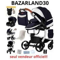BAZARLAND30. 3 in 1 kūdikio vežimėlis su automobiliniu kėdutė ir lopšiu, sukti odos pu, nesprogūs ratai, lazdos. JUODAS BALTA SIDABRINIS