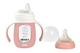 BEABA MOKOMASIS STIKLINIS BUTELIUKAS-GERTUVĖ 2IN1, 210 ML, OLD PINK, SILIKONINIAME DĖKLE