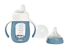 BEABA MOKOMASIS STIKLINIS BUTELIUKAS-GERTUVĖ 2IN1, 210 ML, WINDY BLUE, SILIKONINIAME DĖKLE
