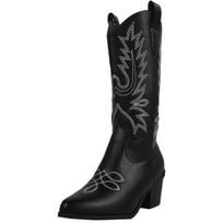 Moteriški retro stiliaus kaubojiški batai, neslystantys vidurio blauzdos Cowgirl batai siuvinėtu vakariniu smailiu nosyliu, storu blokiniu kulnu, plataus blauzdos užtraukiami moteriški batai 36 juoda