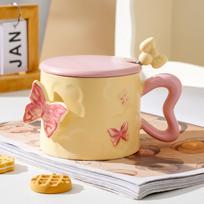 Creative Relief Butterfly Personality Ceramic Mug Souvenir with Cover Spoon Coffee Cup High looking Small Fresh Water Cup 350m'l beige