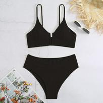 Vienos spalvos 2 dalių maudymosi kostiumas moterims, seksualus aukštu liemeniu V formos iškirpte bikini, petnešėlės, atvira nugara, paplūdimio maudymosi kostiumas atvira nugara, 2025 m. vasaros naujiena S juoda
