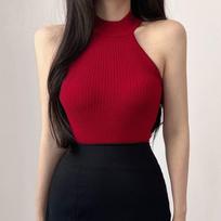 French Camisole Tank Top Women's Summer Outerwear Blazer Inner Base Layer Backless Cut-out Shoulder Halter Red Knitted Top S bordinė