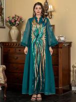 SW008 V-Neck Long Sleeve Muslim Abaya with Ostrich Feather and Sequin Embellishments XXL tamsiai žalia spalva