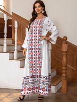 ZD028 Elegant Beaded Muslim Ethnic Long Dress with Printed Hot Stamping M raudona