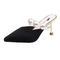 Pearl Black Sandals Women Summer Slippers  Thin Heels 2025 Outdoor High Heels Pointed Toe   Mules 35 juoda