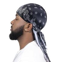 Naujas vyriškas satininis paisley rašto duragas, turbanas, bandanos, galvos apdangalas, šilkinis duragas, doo ragas, ilga uodega, pirato skrybėlė, bangų kepuraitės, plaukų aksesuarai juoda
