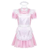 Vyriški sissy prancūzų tarnaitės aprangos cosplay kostiumai pūstomis rankovėmis užsegami sagomis išgalvoti drabužiai su prijuoste ir galvos juosta M rožinė