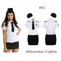 Seksualus 4 vnt. moteriškas policininkės cosplay kostiumas: policininko marškinėlis + mini sijono komplektas XL white