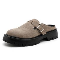 4 CM Paaukštinančios Mules Šlepetės Vyrams Madingos Uždengtos Kojų Pirštų Šlepetės Namų Batai Lauko Klumpės Suede Oda Platforminiai Sandalai 38 chaki
