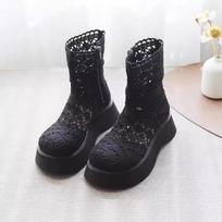 Moteriški vasariniai kvėpuojantys batai, ploni ažūriniai nėriniuoti ankle boots su storu padu, boho stiliaus 35 juoda