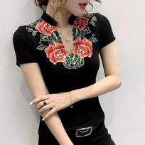 New Summer Fashion Vintage Ethnic Dance Clothes T-Shirt Sexy Hollow Out Flowers Embroidery Women's Tops High Quality Cotton Tees M juoda