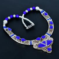 Lapis lazuli 925 svarų sterlingų sidabro karoliai Tibeto sidabro karoliai Bohemiški senoviniai karoliai Rankų darbo juvelyriniai dirbiniai Nepaliečių karoliai Dovana geriausiems draugams 20" mėlyna