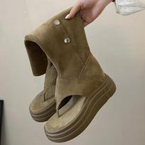 Retro Style Platform Thick Bottom Women Sandals Boots Spring Autumn Fashion Shoes Ladies Clip Toe Knee High Booties 35 chaki