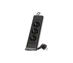 Maitinimo juosta LINEA PRO su jungikliu — 3 x 230 V Schuko lizdai, 3 x USB‑A, 1 x USB‑C, 3 m, juoda