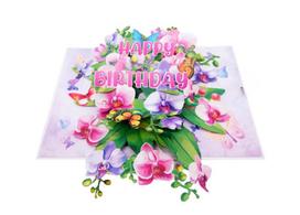 Gimtadienio 3D atvirukas su orchidėjomis, 15×20 cm, yra baltas vokas