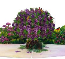 Išsiskleidžiantis 3D atvirukas Žydintis medis su paukščiais 15 × 20cm, yra baltas vokas