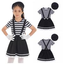Helovino mime artisto cosplay kostiumas vaikams mergaitėms su dryžuotu spaudiniu petnešėlės suknelė su kepure ir pirštinėmis 3-4 Years