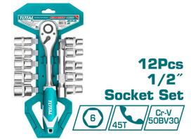 Galvučių rinkinys su terkšle TOTAL, CR-V(50BV30), 1/2", 12 vnt., THT141121