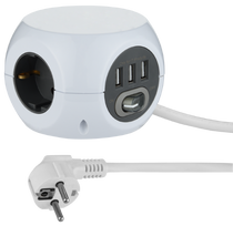 Ilgiklis ELECTRALINE Mini Cube, 3 lizd., 1,5m, su įž., su jungikliu, 3x1,5, baltos sp., 3xUSB-A, 620