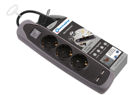 Ilgiklis ELECTRALINE, 3 lizd., 2m, su įž., su jungikliu, 3x1, juodos, pilkos sp., 2xUSB-A, 62150
