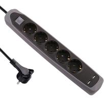 Ilgiklis ELECTRALINE, 5 lizd., 2m, su įž., su jungikliu, 3x1, juodos, pilkos sp., 2xUSB-A, 62156