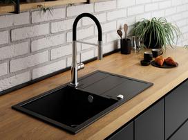Plautuvės komplektas ODUS Od-306, 76 x 44 x 19,4 cm, akmens masės, juodos spalvos, komplekte maišytu