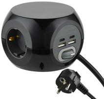 Ilgiklis ELECTRALINE Mini Cube, 3 lizd., 1,5m, su įž., su jungikliu, 3x1,5, juodos sp., 2xUSB-A, 2xU