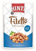 Konservuotas šunų ėdalas RINTI Filetto, su vištiena ir antiena, maišelyje, 100g