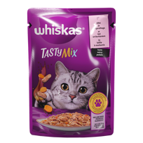 Konservuotas kačių ėdalas WHISKAS Tasty Mix, su lašiša ir morkomis, suaugusioms katėms, 85 g