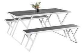 Lauko valgomojo komplektas NOVELLY HOME, polivudas ir plienas, stalas 158 x 81 x 74 cm, 2 suolai 143