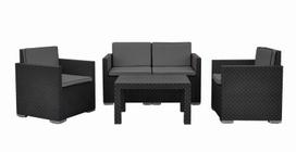 Sodo baldų komplektas, juodos sp., stalas, dvivietė sofa, du foteliai