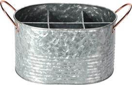 Metalinis lauko vazonas, su rankenomis, sidabrinės sp., 29 x 19 x 18 cm.
