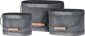 Metalinis lauko vazonas, ovalus, su medine rankena, pilkos sp., 32 x 20 x 20 cm.