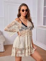 Stylish V-Neck Lace Embroidered Bikini Cover-up with Sun Protection One Size abrikosas